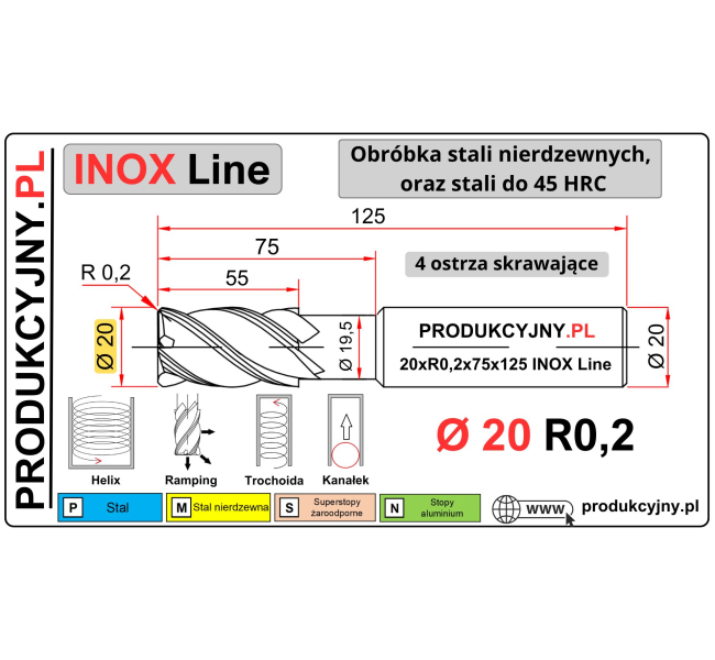 Frez z promieniem naroża fi 20 R0,2 INOX LINE